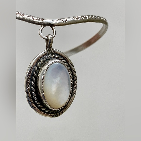 Victorian Era Antique Sterling Silver Bracelet w/ Moonstone Pendant - Picture 4 of 16